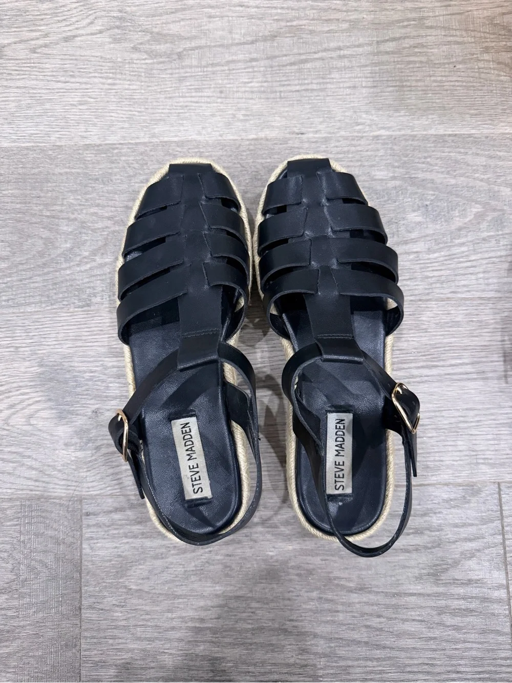 Steve Madden Black Leather Espadrille Platform Sandals